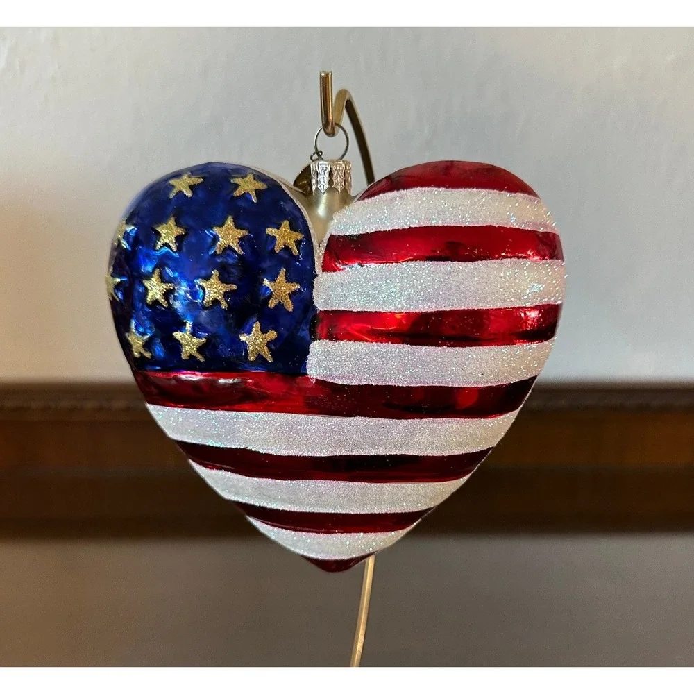 Christopher Radko 5'' Patriotic American Flag Heart Glass Christmas Ornament
